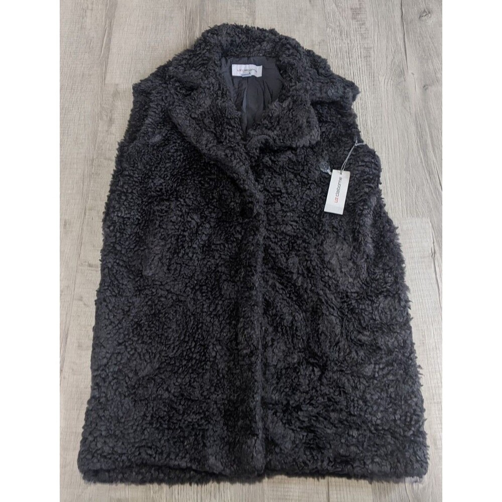 NWT Liz Claiborne Womens L Teddy Sherpa Open Front Sleeveless Vest Duster Gray